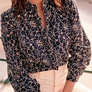 Sezane Navy and White Floral Blouse